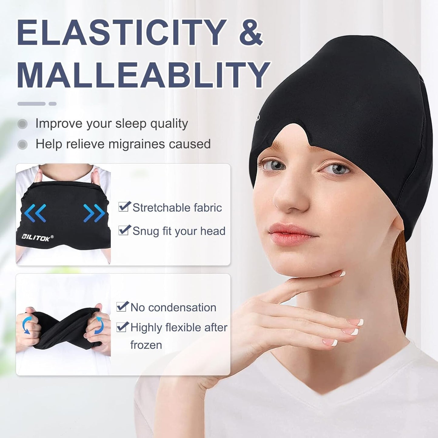 Gel Ice Head Wrap Cap for Migraine Relief, Hot and Cold Therapy, Black
