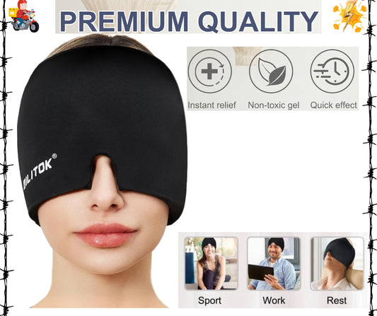 Gel Ice Head Wrap Cap for Migraine Relief, Hot and Cold Therapy, Black